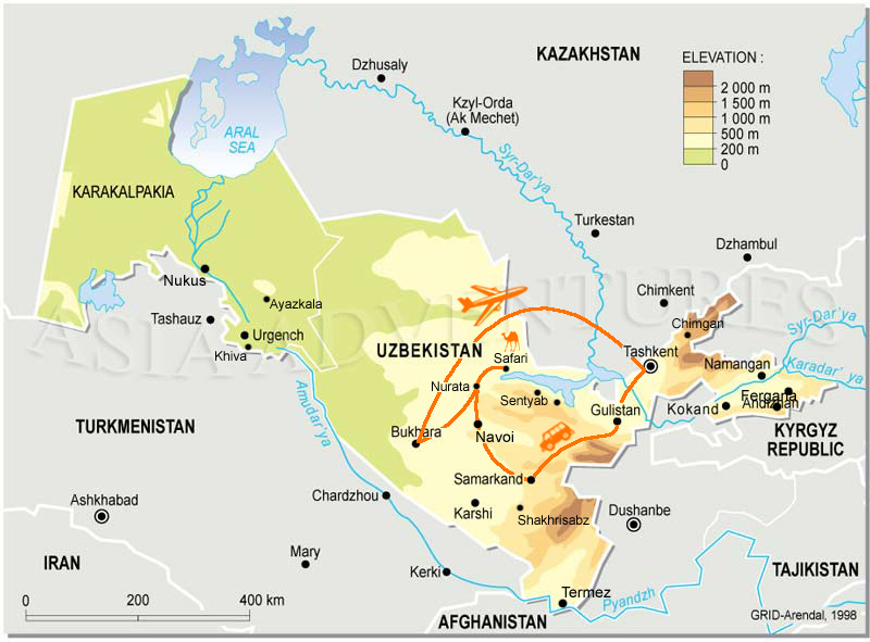 Карта тура 'На верблюдах через Кызыл-Кумы'