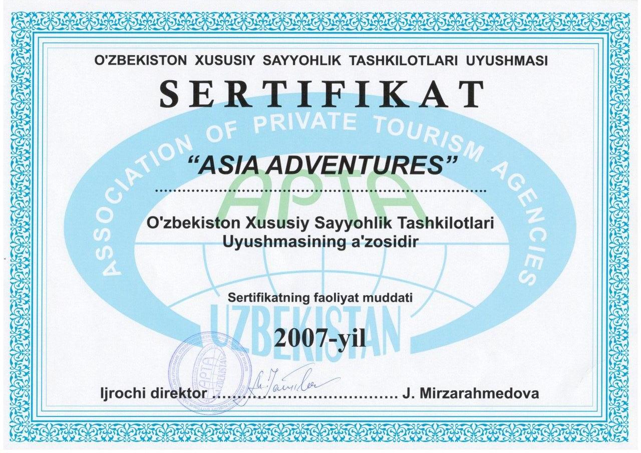 Membership Certificate of Tourism Organizations of Uzbekistan